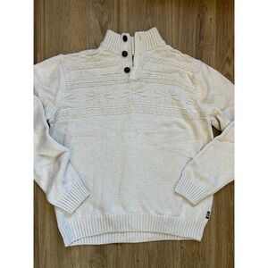 Chaps Mens 3 Button White Cable Knit Sweater Henley Size L Vintage Fisherman